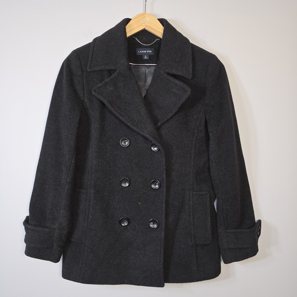 Lands End Peacoat Jacket Womens Size 8 Gray Double Breasted Wool Cashmere Blend